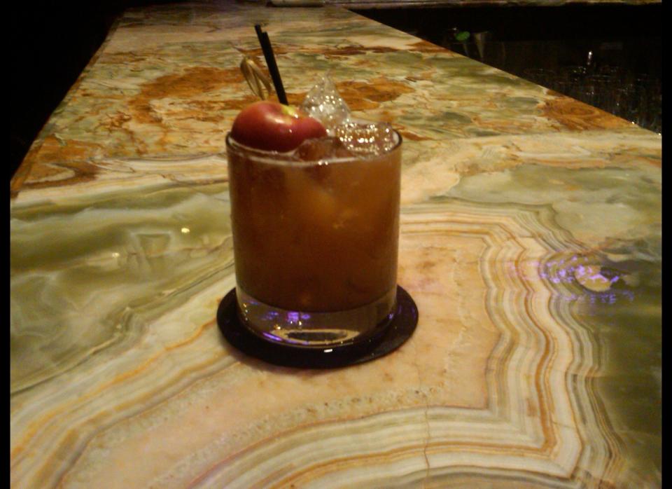 <a href="http://www.fairmont.com/theplaza/GuestServices/Restaurants/TheRoseClub.htm" target="_hplink">The Rose Club at The Plaza Hotel</a>    <strong>"Fallen Apple"</strong> with Hennessy, Laids Apple Jack, Lemon, Simple Syrup, Apple Butter and Lemon Bitters    1 Bar Spoon of Apple Butter  1 oz of Hennessy VSOP  1/2 oz of Lairds Apple Jack  3/4 oz of Fresh Lemon Juice  3/4 oz of Simple Syrup  2 dashes of Lemon Bitters    Served in a Rocks glass over ice and garnish with a Fresh cut apple Slice.    <em>768 5th Avenue, New York, NY 10019</em>          