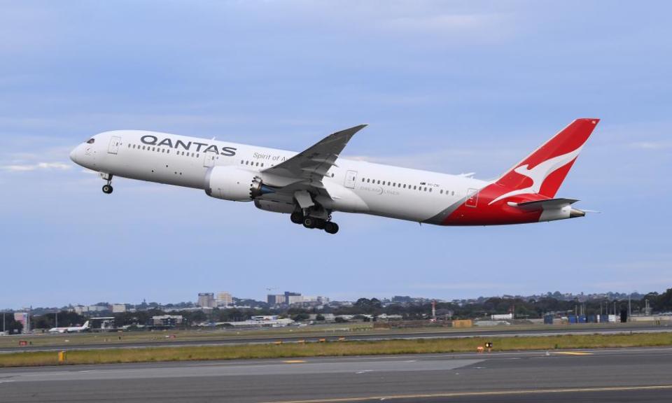 Qantas jet takes off 