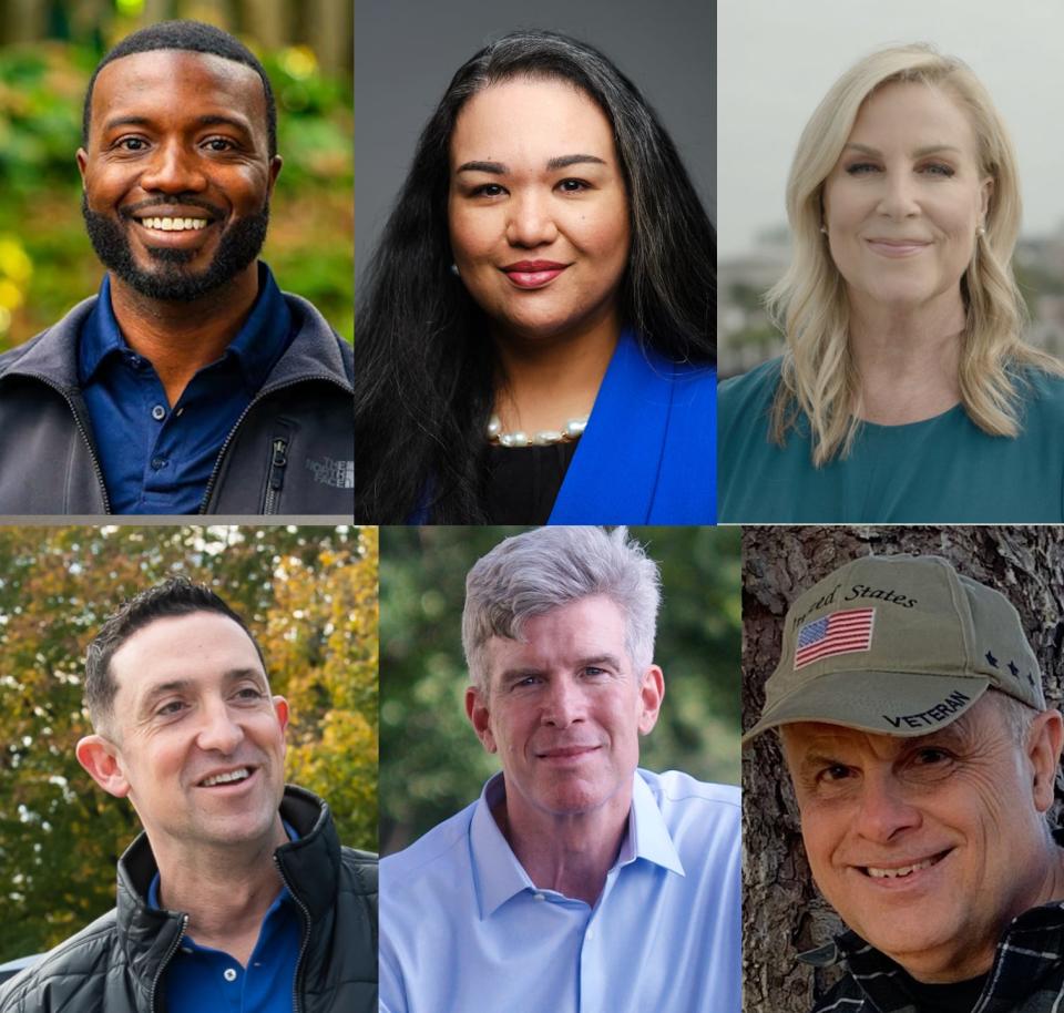 2024 Democratic candidates for Pa.'s 10th Congressional District, clockwise from top left: Blake Lynch, Shamaine Daniels, Janelle Stelson, Mike O'Brien, John Broadhurst and Rick Coplen.