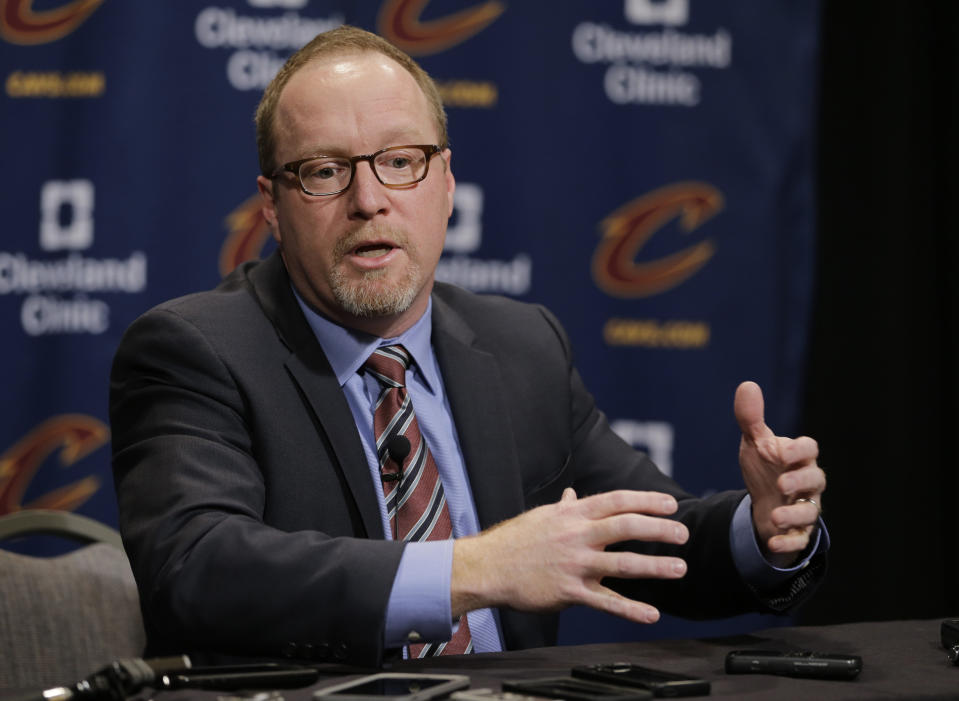 FILE - In this Thursday, Feb. 18, 2016, file photo, Former Cleveland Cavaliers general manager David Griffin speaks at a news conference before an NBA basketball game in Cleveland. Pelicans basketball operations chief David Griffin says the timing of next week’s NBA draft won’t necessarily raise urgency to trade disgruntled six-time All-Star Anthony Davis. The Pelicans have the first overall pick in the June 20 NBA draft and likely could acquire more high picks by dealing Davis by then.. (AP Photo/Tony Dejak, File)