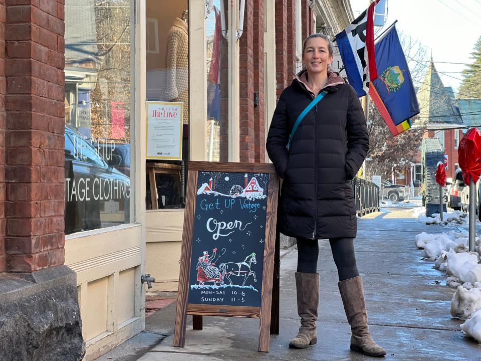 Katie Trautz, executive director of Montpelier Alive, on the streets of Montpelier Dec. 15, 2023. Her organization was instrumental helping downtown businesses get resources and reopen following devastating flooding from July 2023.