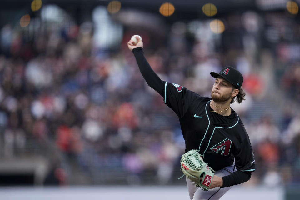 Arizona Diamondbacks pitcher Ryne Nelson throws to a San Francisco Giants batter during the first inning of a baseball game Thursday, April 18, 2024, in San Francisco. (AP Photo/Godofredo A. Vásquez)