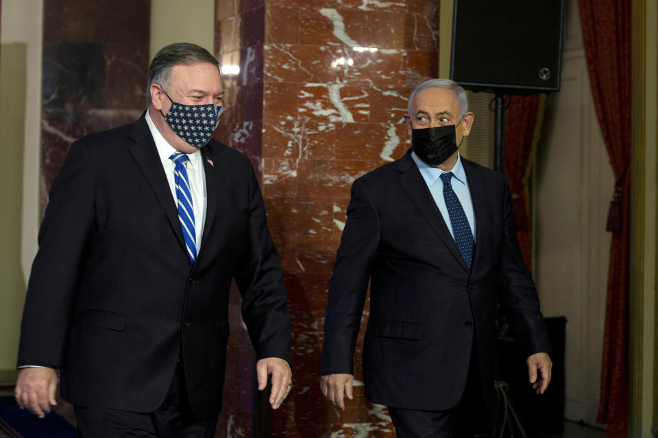 Image: Secretary of State Mike Pompeo, left, and Israeli Prime Minister Benjamin Netanyahu in Jerusalem last Thursday. (Maya Alleruzzo / Reuters)