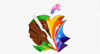  A gif for Apple's May iPad launch event showing a hand twirling an Apple Pencil amid the colorful Apple logo. 