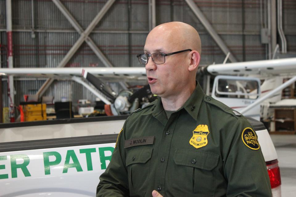 John Modlin, chief patrol agent of the U.S. Border Patrol's Tucson Sector speaks at the Davis-Monthan Air Force Base about the sector's readiness on Monday, May 8, 2023. The event comes days ahead of Title 42's expected expiration on May 11.