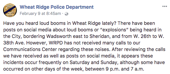 The Wheat Ridge Police Department posted about a mystery sound on their Facebook page. Source: Facebook/Wheat Ridge Police Department