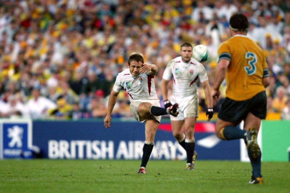 Jonny Wilkinson kicks the winning drop-goal for England in the 2003 Rugby World Cup final (PA Archive)