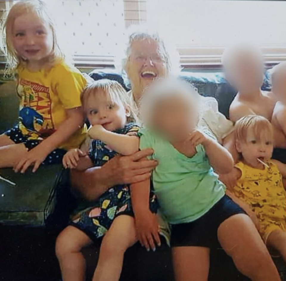 Beverley Quinn pictured with her three grandchildren, two-year-old twins Alice and Beatrix and three-year-old Charlotte.