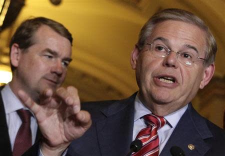 Senate Foreign Relations Committee Chairman Robert Menendez (D-NJ) speaks to the media on Capitol Hill in Washington June 27, 2013. REUTERS/Yuri Gripas