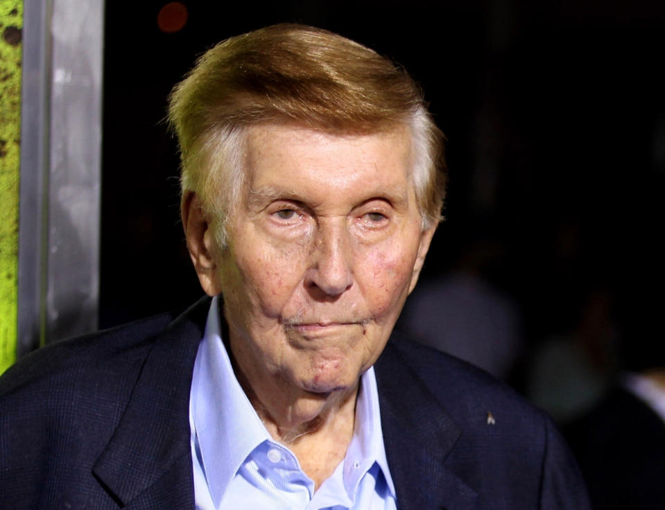 FILE - In this Oct. 1, 2012, file photo, Sumner Redstone attends the premiere of "Seven Psychopaths" in Los Angeles. Redstone, the strong-willed media mogul whose public disputes with family members and subordinates made him a feared operator in Hollywood, died Wednesday, Aug. 12, 2020. (Photo by Matt Sayles/Invision/AP, File)