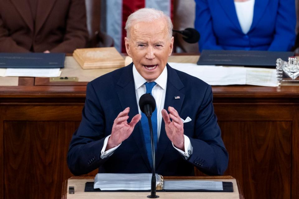 President Joe Biden delivers his first State of the Union address to a joint session of Congress at the Capitol, March 1, 2022, in Washington. (Jim Lo Scalzo/Pool via AP, File)