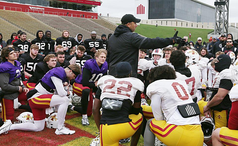Iowa State Cyclones head coach Matt Campbell talks to players after the university's Spring Football game at Jack Trice Stadium Saturday, April 22, 2023, in Ames, Iowa