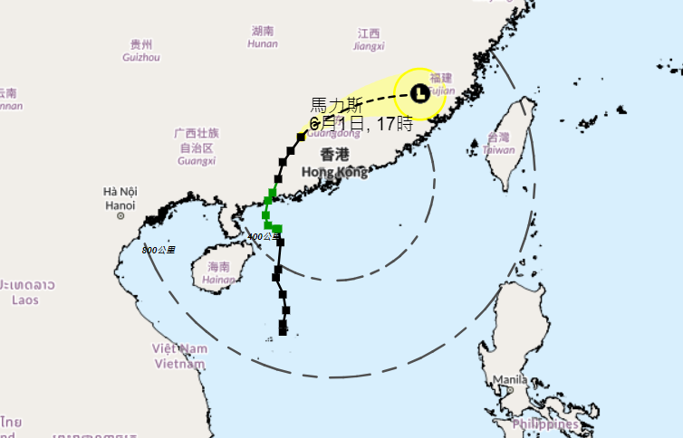 熱帶風暴馬力斯已減弱及遠離本港。(天文台截圖)