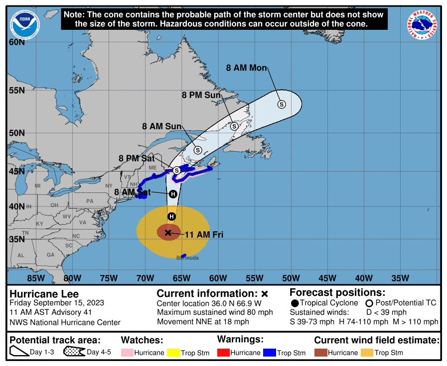 Expected path of Hurricane Lee, expected to make landfall in New England on September 15, 2023.