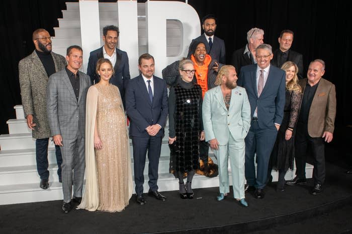 Tyler Perry, Scott Stuber, Jennifer Lawrence, Tomer Sisley, Leonardo DiCaprio, Meryl Streep, Jonah Hill, Himesh Patel, Kid Cudi, Adam McKay, Ron Perlman, Kira Goldberg, Kevin Messick, and Paul Guilfoyle attend the "Don't Look Up" World Premiere