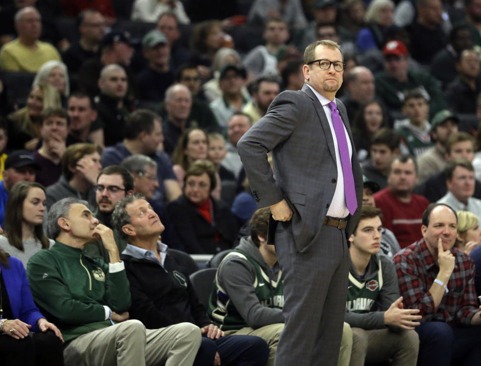 Toronto Raptors head coach Nick Nurse watches from the sideline during the first half of an NBA basketball game against the Milwaukee Bucks, Saturday, Jan. 5, 2019, in Milwaukee. (AP Photo/Aaron Gash)