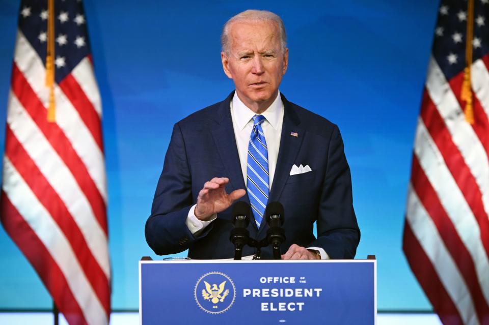 US President-elect Joe Biden delivers remarks on the public health and economic crises at The Queen theater in Wilmington, Delaware on January 14, 2021. - President-elect Joe Biden will propose injecting $1.9 trillion into the US economy when he takes office next week, as evidence mounts that the recovery from the sharp downturn caused by Covid-19 is flagging. (Photo by JIM WATSON / AFP) (Photo by JIM WATSON/AFP via Getty Images)