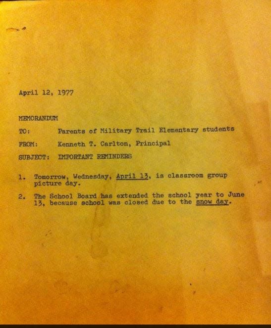A note to parents about the additional day added to the school year in 1977 because of the snow day. Courtesy Thomas Switzer