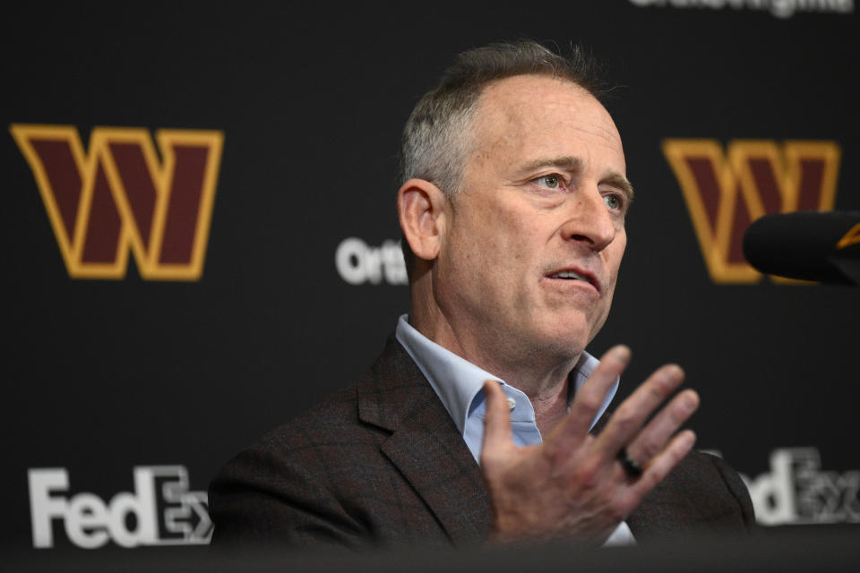 Washington Commanders controlling owner Josh Harris speaks to the media during an NFL football press conference, Monday, Jan. 8, 2024 in Ashburn, Va. (AP Photo/Nick Wass)