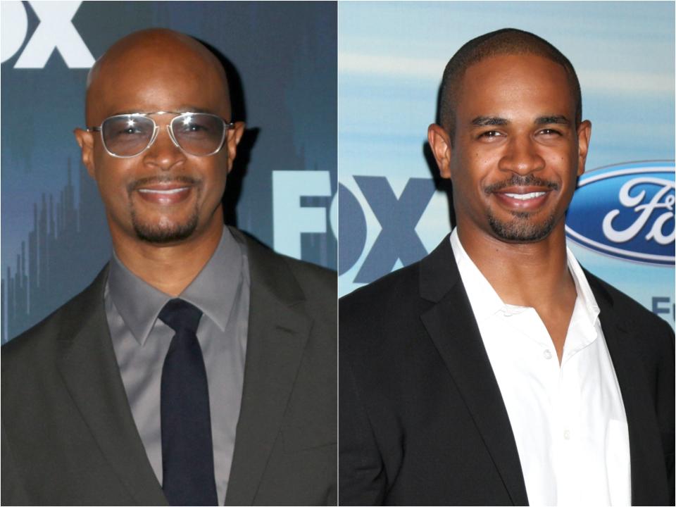 An older Damon bald with sunglasses and a goatee and a younger Damon bald with a goatee.