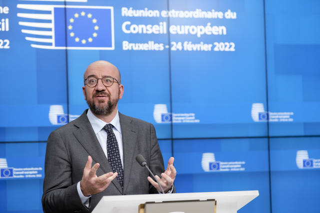 European Council President Charles Michel, standing at a lectern, speaks about the situation in Ukraine.