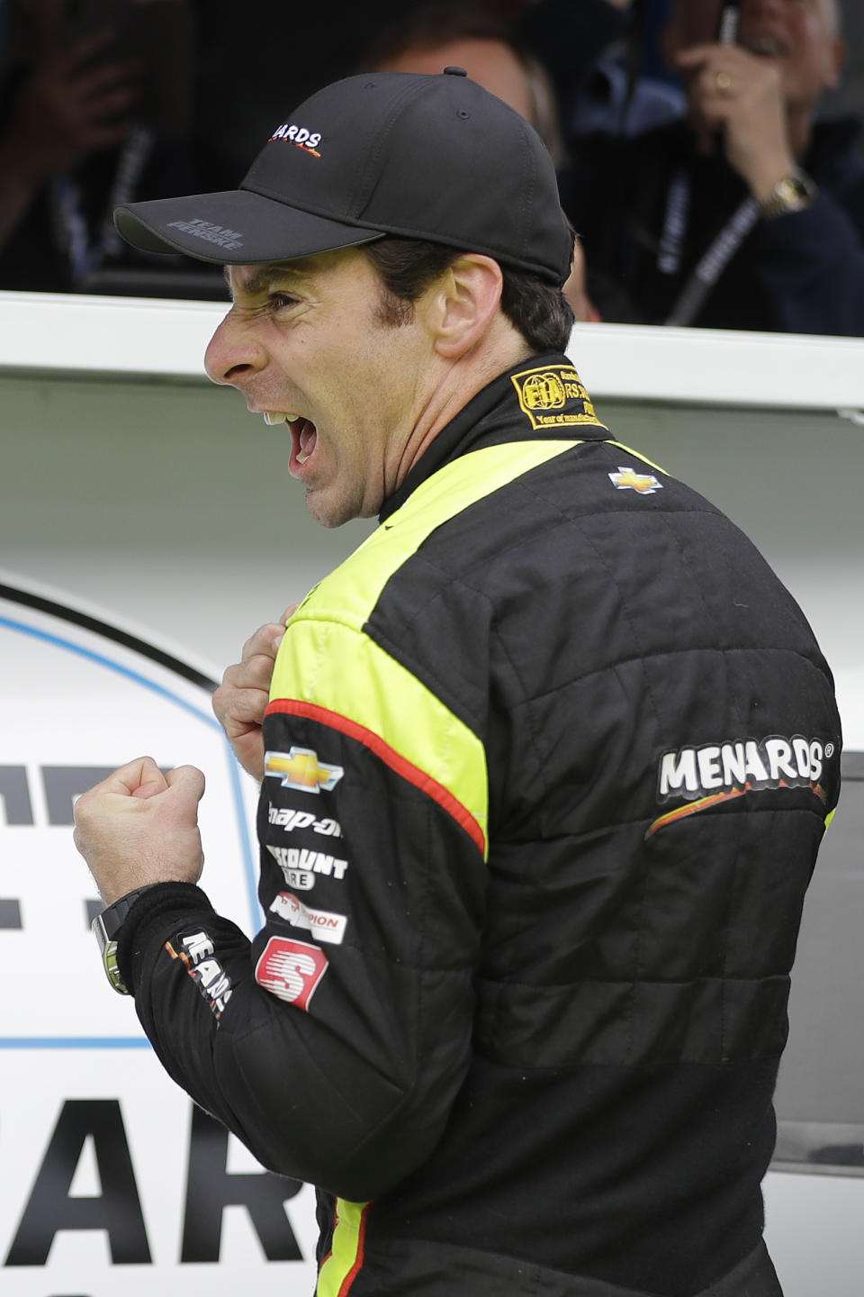 Simon Pagenaud, of France, celebrates after winning the pole for the Indianapolis 500 IndyCar auto race at Indianapolis Motor Speedway, Sunday, May 19, 2019 in Indianapolis. (AP Photo/Darron Cummings)