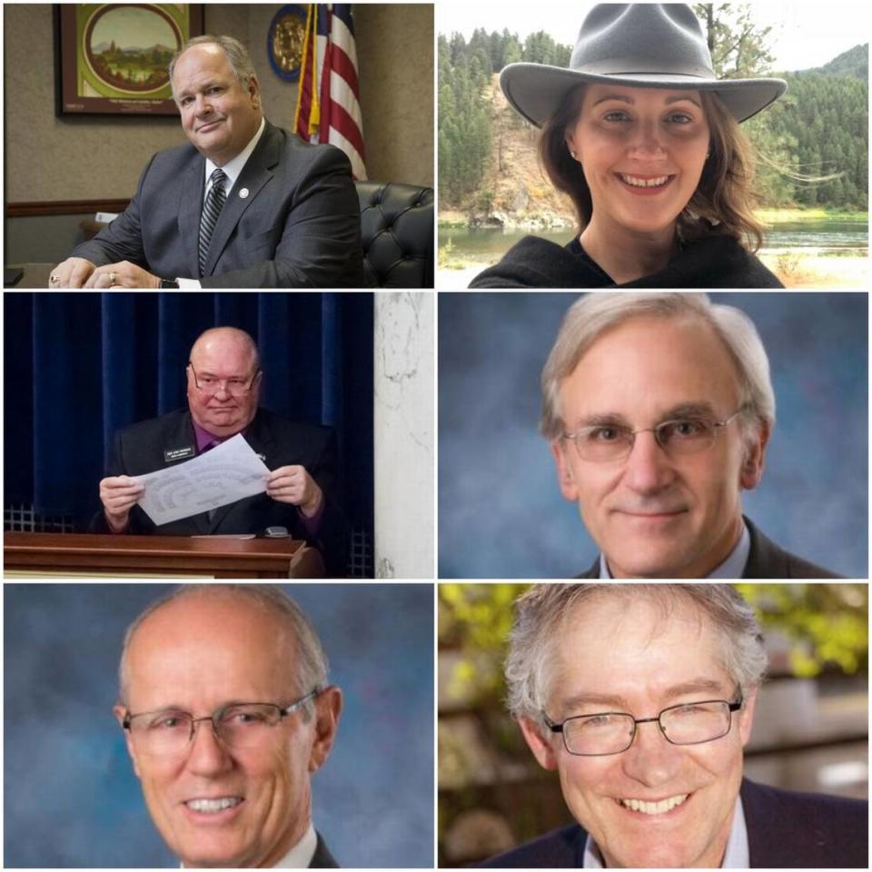 Members appointed to Idaho’s redistricting commission, clockwise from top right, Democrats Amber Pence, Dan Schmidt and Nels Mitchell, and Republicans Thomas Dayley, Eric Redman and Bart Davis.