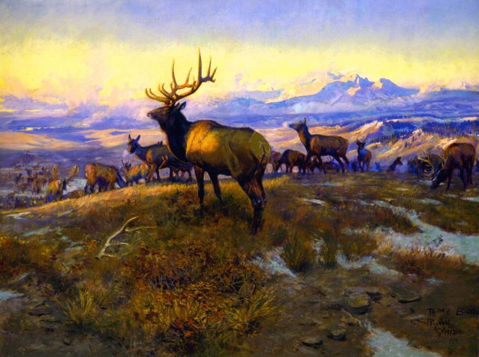 "The Exalted Ruler" is widely considered to be one of Charlie Russell's masterworks. Russell completed the large oil painting in 1912 and presented it to Elks Lodge #214 with the inscription "To My Brothers." The painting now hangs at the Russell Museum in Great Falls