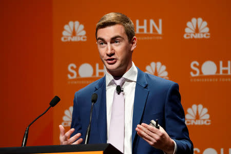 Dylan Adelman, 2017 Sohn Investment contest winner, presents during the 2018 Sohn Investment Conference in New York City, U.S., April 23, 2018. REUTERS/Brendan McDermid