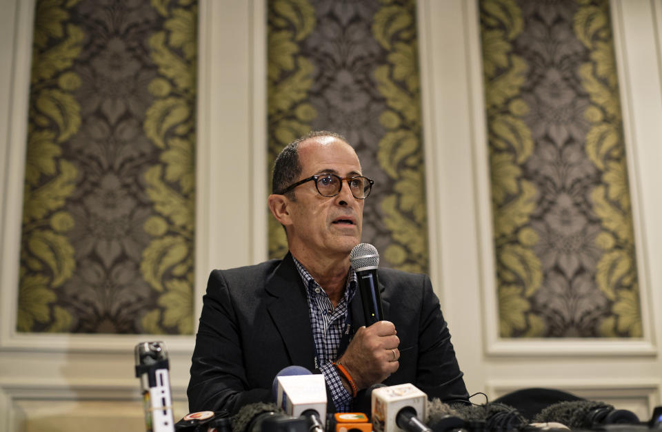 Michael Metaxas, the general manager of the dusitD2 hotel which was attacked by terrorists on Tuesday, speaks at a press conference where he said that four of the 100 hotel employees who were on duty at the time of the attack were killed, in Nairobi, Kenya Thursday, Jan. 17, 2019. Kenyan bomb disposal experts on Thursday found and safely detonated an explosive left over from the deadly extremist attack on the Nairobi luxury hotel complex. (AP Photo/Ben Curtis)