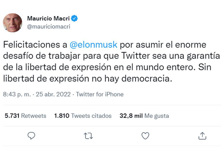 Macri felicitó a Elon Musk por comprar Twitter