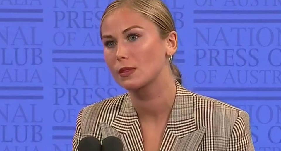 Grace Tame answers questions at the National Press Club. 