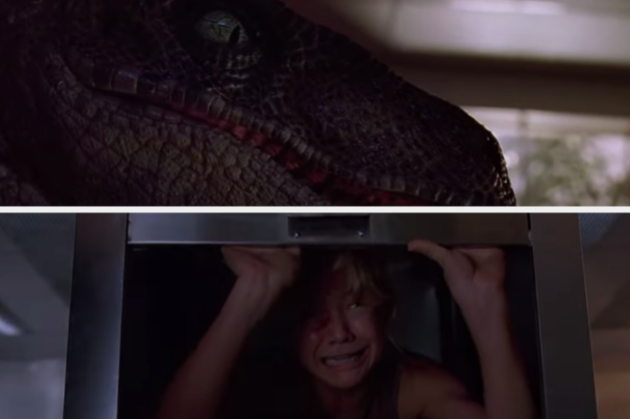 A velociraptor hunts two children in a kitchen