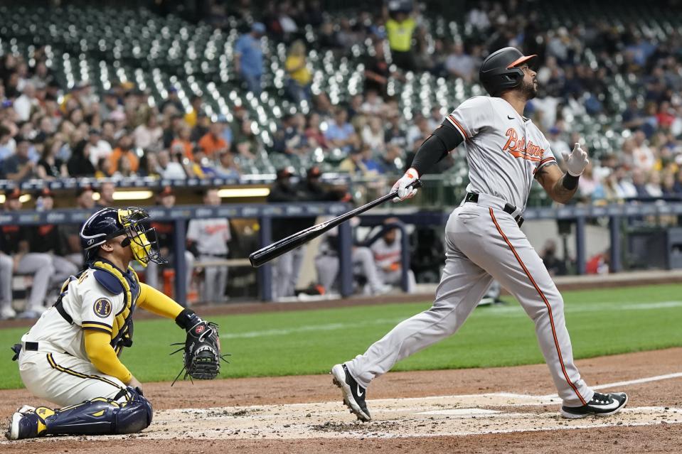 Baltimore Orioles' Aaron Hicks hits a two-run home run the second inning of a baseball game against the Milwaukee Brewers Tuesday, June 6, 2023, in Milwaukee. (AP Photo/Morry Gash)