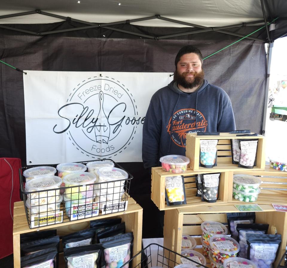 Jacob Schafer sells freeze-dried candy at Silly Goose. Just look at all the varieties displayed on the tables.