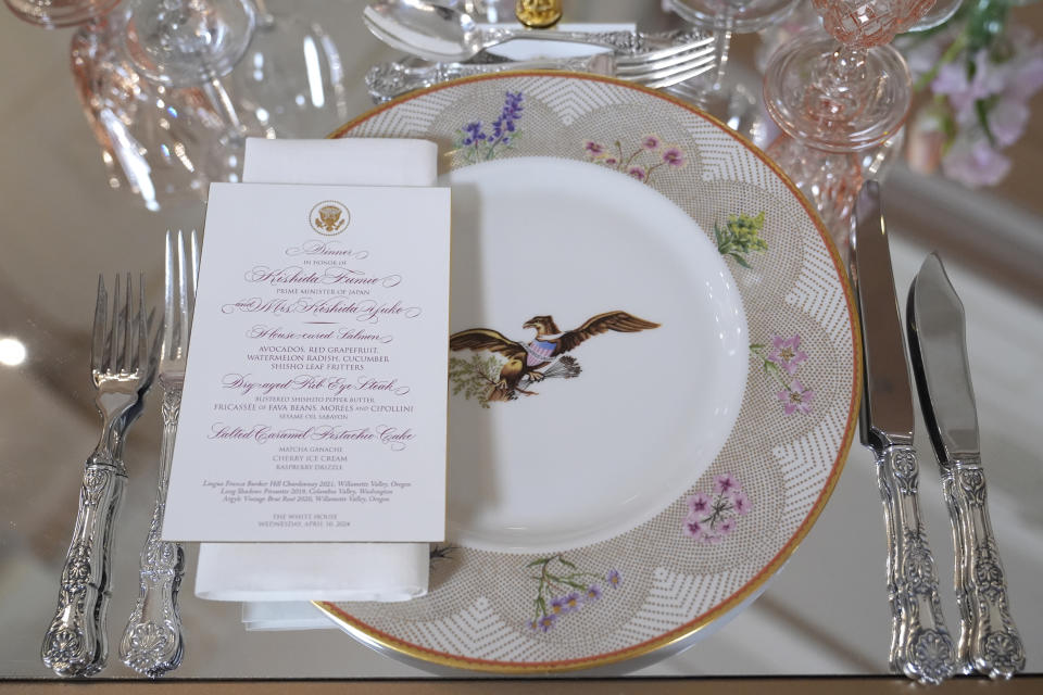 Tables are decorated during a press preview at the White House in Washington, Tuesday, April 9, 2024, for the State Dinner for Japan's Prime Minister Fumio Kishida on Wednesday. (AP Photo/Susan Walsh)