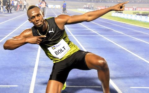 Jamaican sprinter Usain Bolt after competing in the 100 Meter race during the Racers Grand Prix, in Kingston, Jamaica, 10 June 2017. Reports on 11 June 2017 state that Usain Bolt made his farewell appearance in Kingston, Jamaica at a packed stadium of 30,000 fans by winning his final 100m race on the island. Bolts will retire from athletics after the World Championships being held in London in August 2017 - Credit: EPA