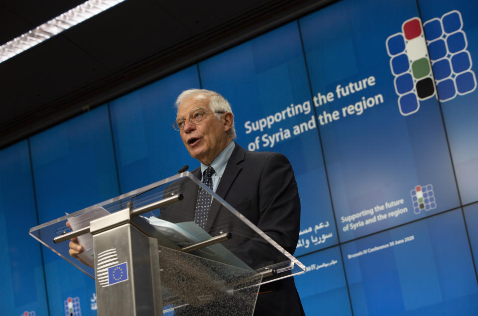 European Union foreign policy chief Josep Borrell speaks during a media conference after a meeting, Supporting the future of Syria and the Region, in videoconference format at the European Council building in Brussels, Tuesday, June 30, 2020. (AP Photo/Virginia Mayo, Pool)