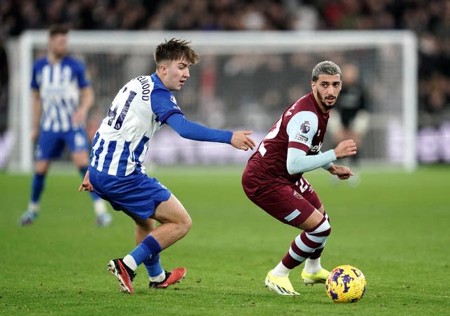 West Ham's Said Benrahma, right, takes on Brighton's Jack Hinshelwood