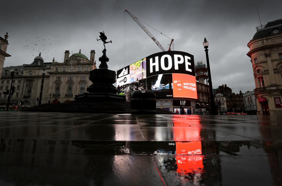 A deserted Piccadilly Circus during England’s third national lockdown  (Getty Images)