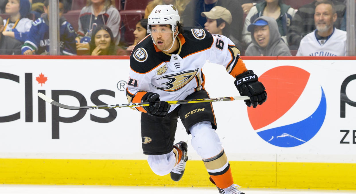 VANCOUVER, BC - MARCH 26: Anaheim Ducks Right Wing Kiefer Sherwood (64) skates up ice during their NHL game against the Vancouver Canucks at Rogers Arena on March 26, 2019 in Vancouver, British Columbia, Canada. Anaheim won 5-4. (Photo by Derek Cain/Icon Sportswire via Getty Images)