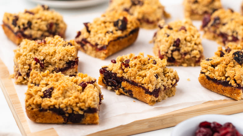 Cranberry oat bars in boards