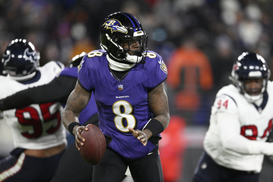 FILE - Baltimore Ravens quarterback Lamar Jackson (8) plays during the first half of an AFC divisional playoff NFL football game against the Houston Texans, Saturday, Jan. 20, 2024, in Baltimore. Jackson will start for the Ravens against the Kansas City Chiefs in the AFC championship game Sunday, Jan. 28. (AP Photo/Nick Wass, File)