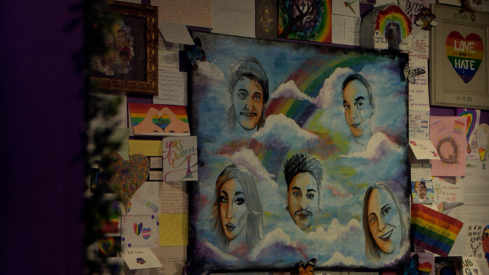 Drawings, artwork, and messages fill one wall inside The Q serving as tribute to the lives lost in the Club Q tragedy.