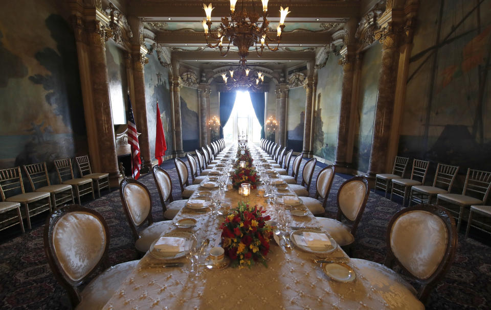 The table is set and ready for a dinner hosted by President Donald Trump for Chinese President Xi Jinping at the Mar-a-Lago resort in Palm Beach, Fla., on Thursday, April 6, 2017. (AP Photo/Alex Brandon)