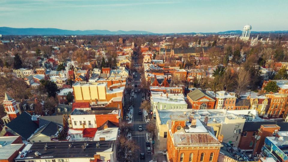 aerial view of market street frederick maryland at sunset february 21, 2021