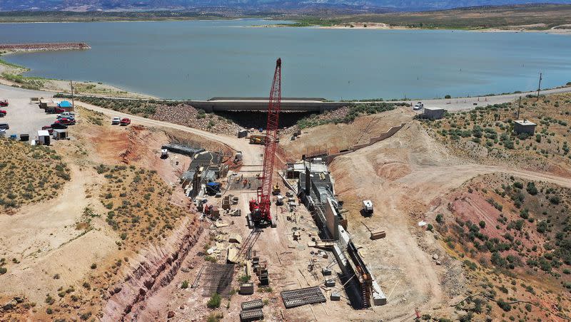 A cofferdam blocks the spillway as construction repairs continue on the Sevier Bridge Dam at Yuba State Park on Tuesday, June 27, 2023.