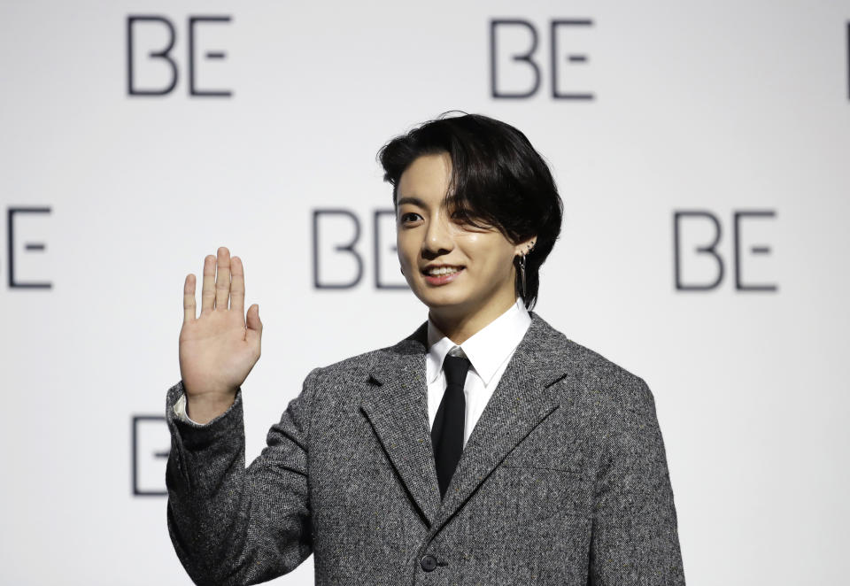 FILE - Jung Kook, a member of South Korean K-pop band BTS poses for photographers during a press conference to introduce their new album "BE" in Seoul, South Korea on Nov. 20, 2020. Singers RM and V of the K-pop band BTS began their mandatory military duties under South Korean law, their management agency announced Monday, Dec. 11, 2023. This came a day before two of their bandmates, Jimin and Jung Kook, were also expected to report for duty. (AP Photo/Lee Jin-man, File)