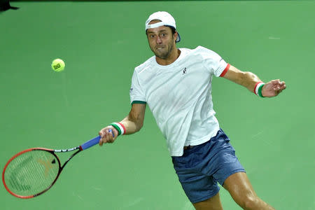 Belgium Tennis - Belgium v Italy - Davis Cup Quarterfinals World Group - Spiroudome, Charleroi, Belgium - 9/4/17. Italy's Paolo Lorenzi in action during his singles match against Belgium's David Goffin. REUTERS/Eric Vidal