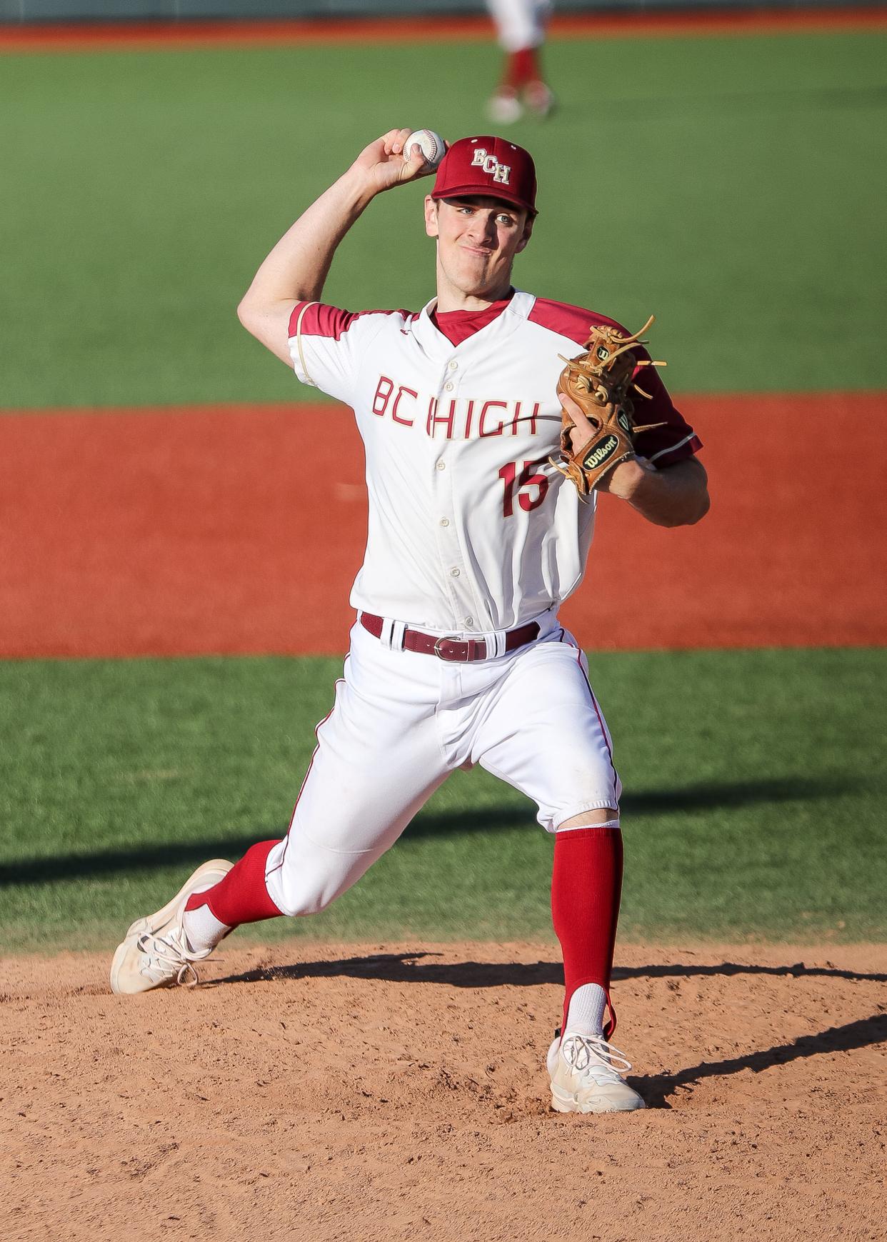 BC High's Liam Kinneen pitches during a game against St. John's Prep at Monan Park on Monday, April 22, 2024.